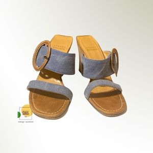 Vtg Stuart Weitzman Wedge Mules Heels Denim Brown